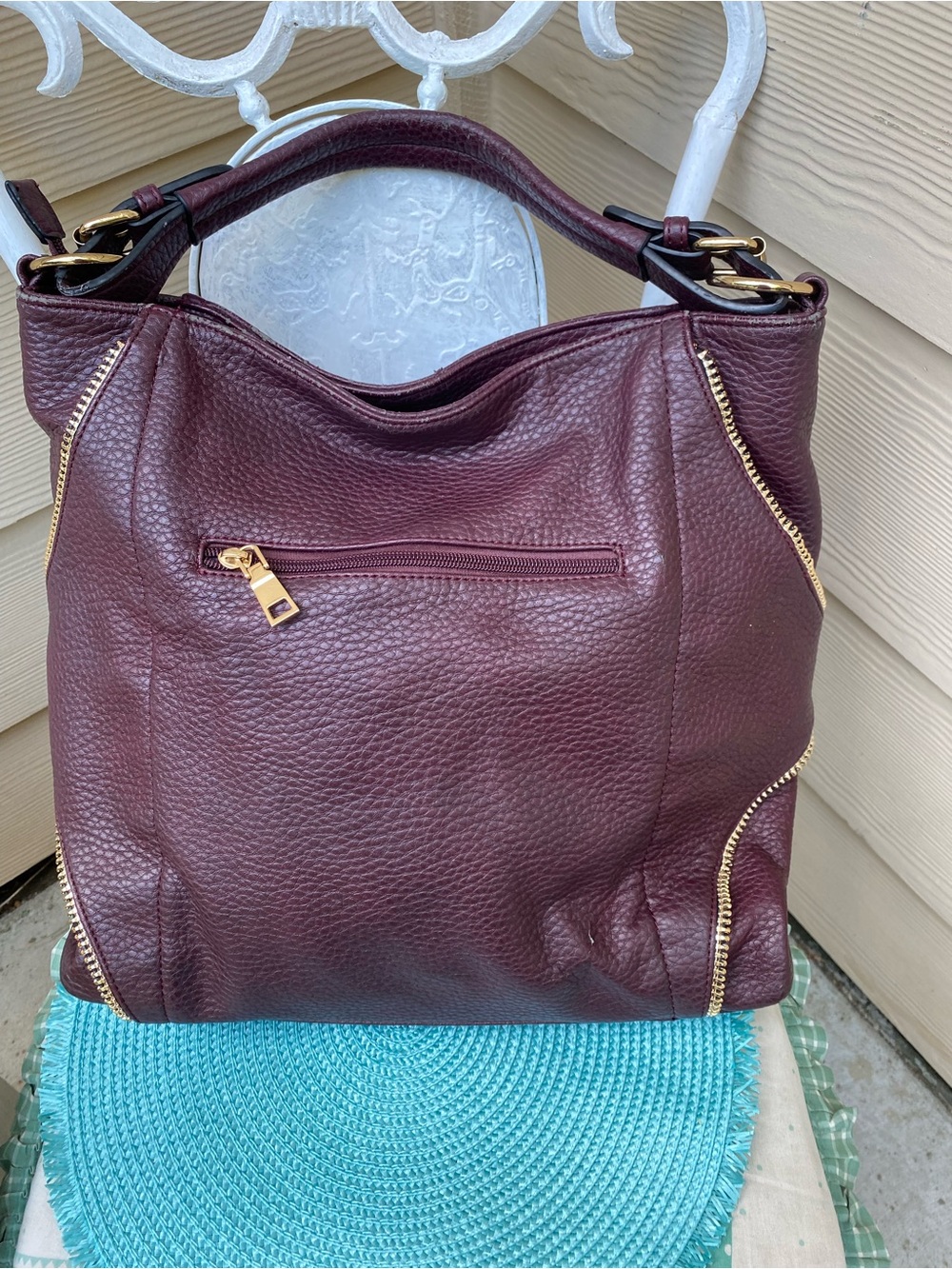 Women's faux Leather Hobo Bag - Burgundy with Gold Hardware